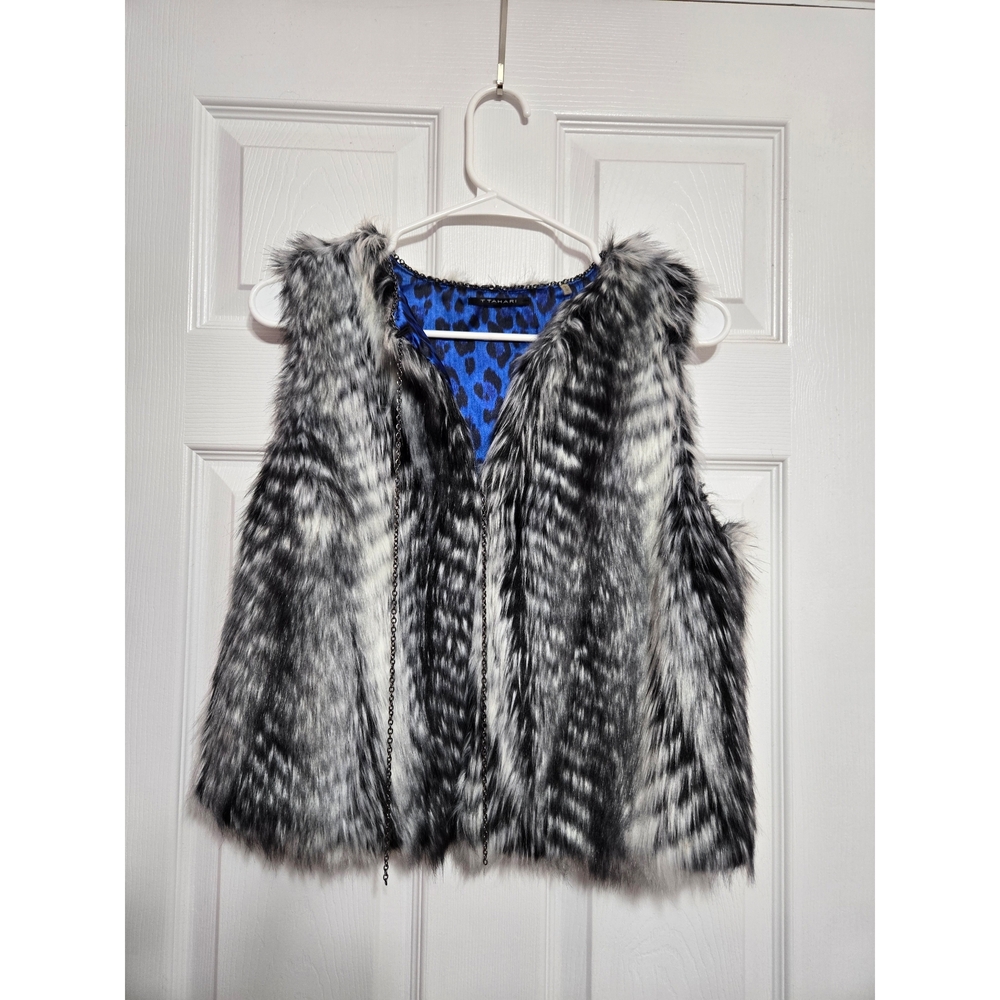 T Tahari Faux Fur Vest with Blue Leopard Lining Size Small